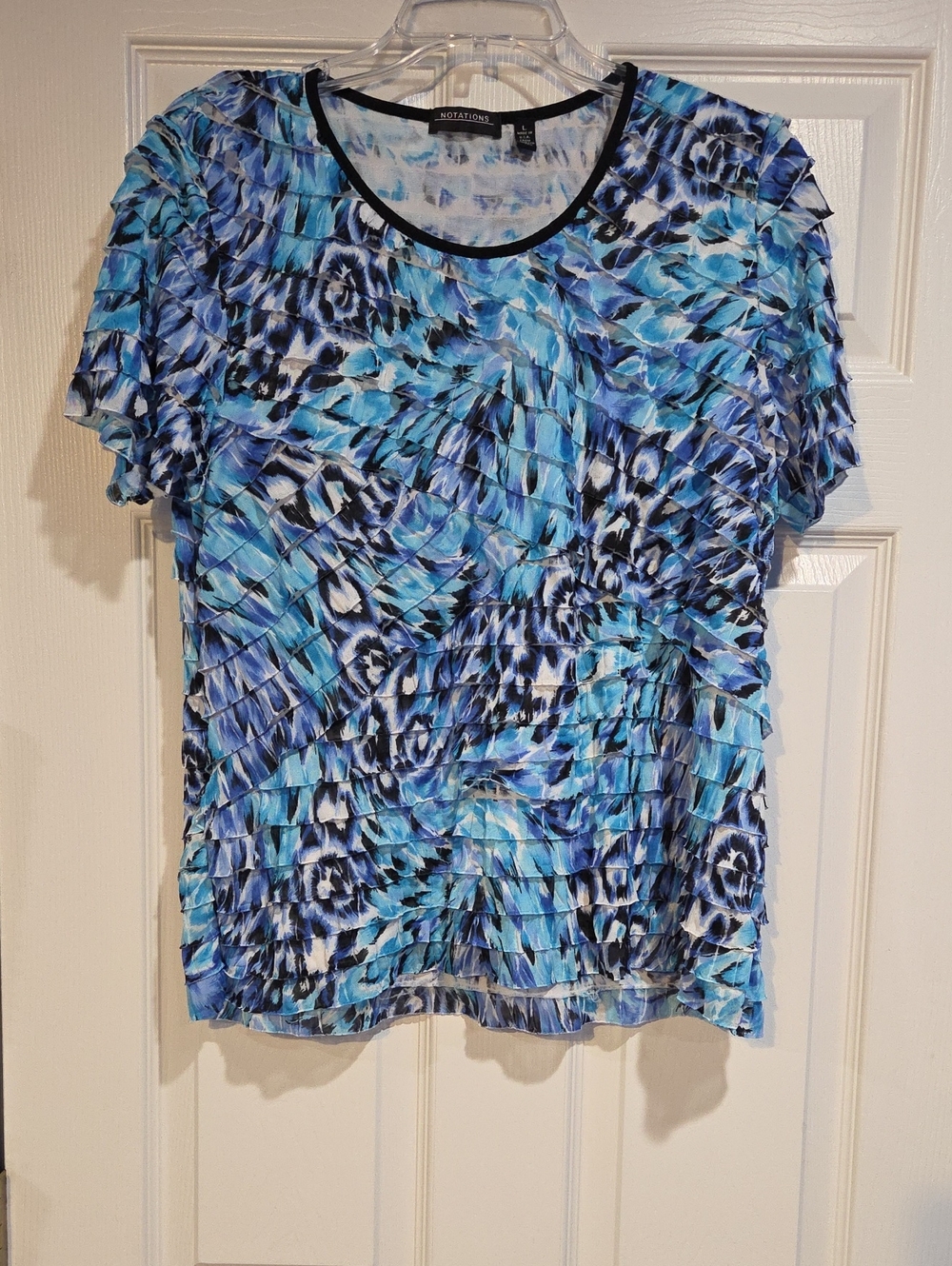 Notations Blue Black White Pleated Ruffled Short Sleeve Top